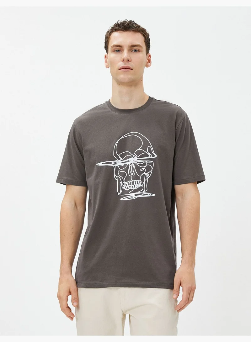 KOTON Skull Embroidered T-Shirt Crew Neck Cotton Short Sleeve