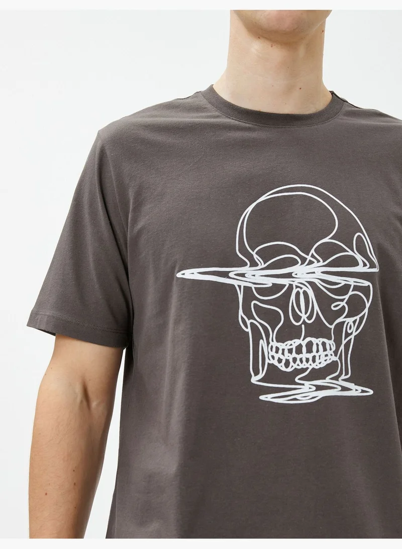 KOTON Skull Embroidered T-Shirt Crew Neck Cotton Short Sleeve