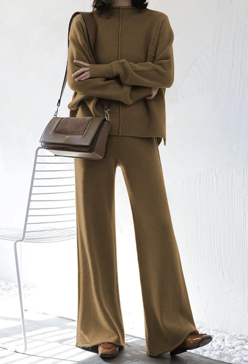 Fixmatti Fall Sets Women 2 Piece Outfits Women's Knit Sweatsuit Long Sleeve Sweater Wide Leg Pants Loungewear Brown S - Image 3