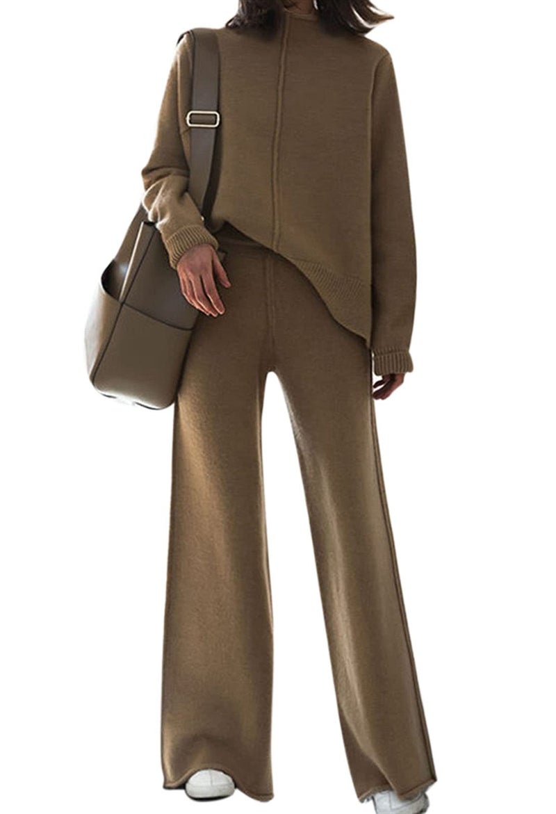 Fixmatti Fall Sets Women 2 Piece Outfits Women's Knit Sweatsuit Long Sleeve Sweater Wide Leg Pants Loungewear Brown S - Image 1