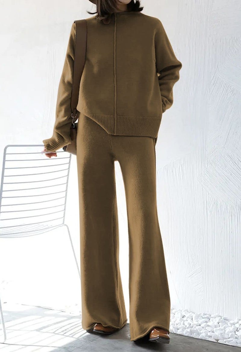 Fixmatti Fall Sets Women 2 Piece Outfits Women's Knit Sweatsuit Long Sleeve Sweater Wide Leg Pants Loungewear Brown S - Image 2