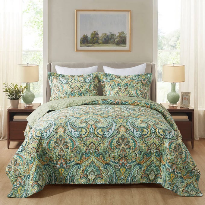 COTTON BEDSPREAD QUILT SETSREVERSIBLE PATCHWORK COVERLET SET EUROPEAN GREEN FLORAL PATTERN KING SIZE