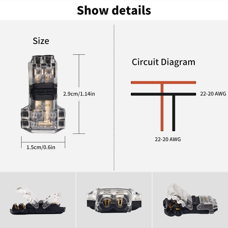 PAUTIX 10 Pcs Wire Connectors,2 Pin 2 Way Low Voltage Universal Compact Wire T Tap Splitters Connectors,18-22AWG Electrical Wire Connection Self-Stripping Quick Splice,for COB LED Strip Lights - Image 3