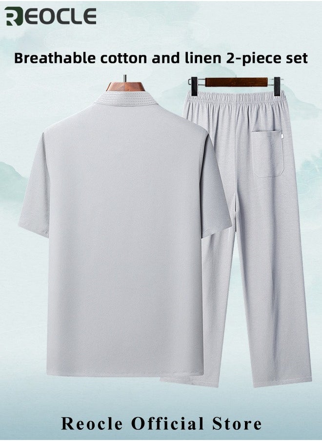 REOCLE Men's 2 Piece Cotton Linen Set Summer Outfits Short Sleeve Button Down Shirts Stretch Long Pant Casual Breathable Set  - Image 2