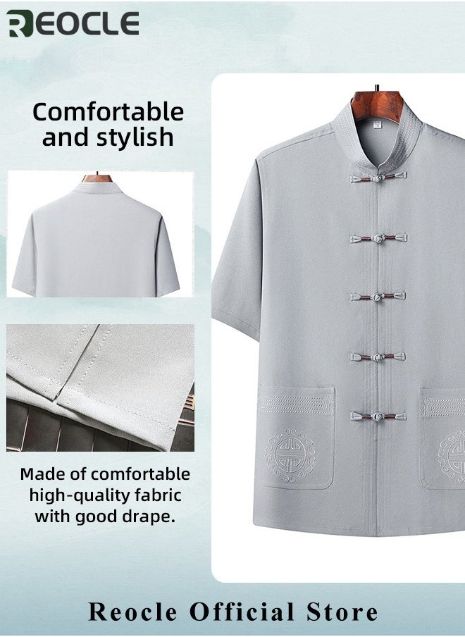 REOCLE Men's 2 Piece Cotton Linen Set Summer Outfits Short Sleeve Button Down Shirts Stretch Long Pant Casual Breathable Set  - Image 4