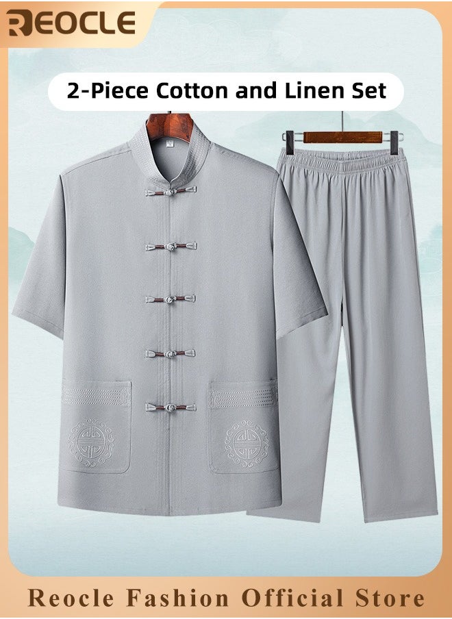 REOCLE Men's 2 Piece Cotton Linen Set Summer Outfits Short Sleeve Button Down Shirts Stretch Long Pant Casual Breathable Set  - Image 1