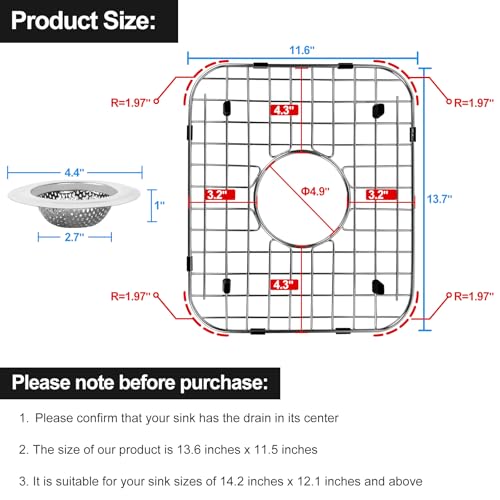 ARLBA 2 Pack 13.7" x11.6" 304 Stainless Steel Sink Protectors Grid for 14.2"X 12.1" Kitchen Sink W/Center Drain,Sink Grid Protection,Sink Grate Sink Rack for Bottom of Sink w/ 2Pack Sink Strainers - Image 2