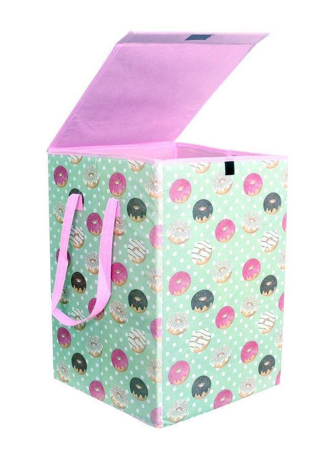 PrettyKrafts PrettyKrafts 75L Non Woven DoughNut Printed Square Foldable Large Laundry Bag/Basket With Lid & Handle, Freestanding Cloth Storage Organizer for Bedroom, Dorm (37x37x53cm, Pink, Set of 1)  - Image 3