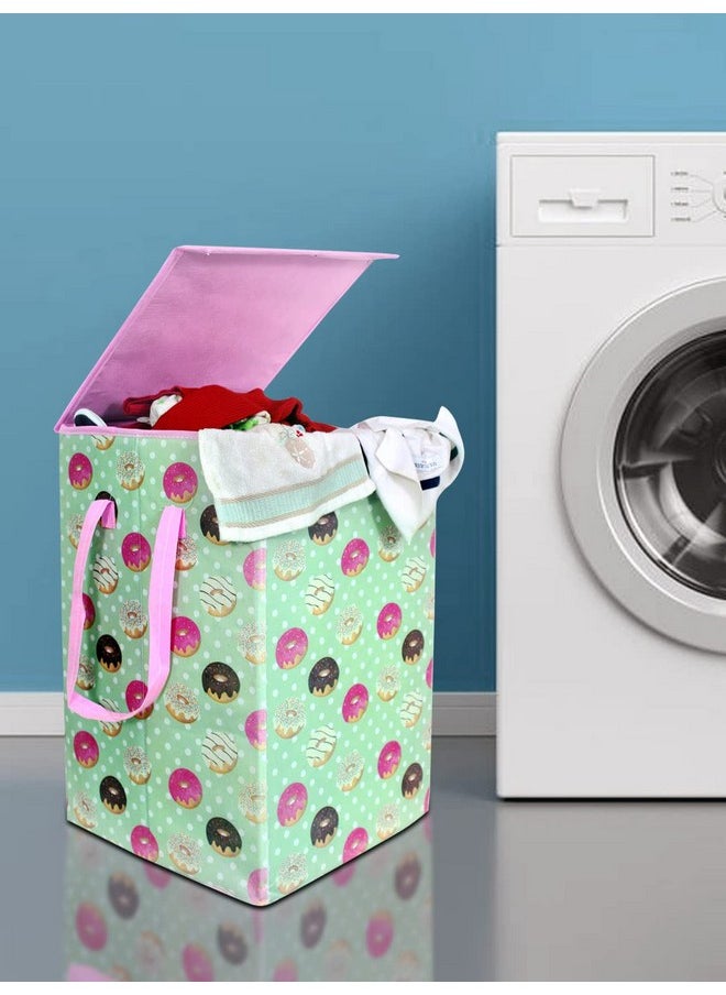 PrettyKrafts PrettyKrafts 75L Non Woven DoughNut Printed Square Foldable Large Laundry Bag/Basket With Lid & Handle, Freestanding Cloth Storage Organizer for Bedroom, Dorm (37x37x53cm, Pink, Set of 1)  - Image 2
