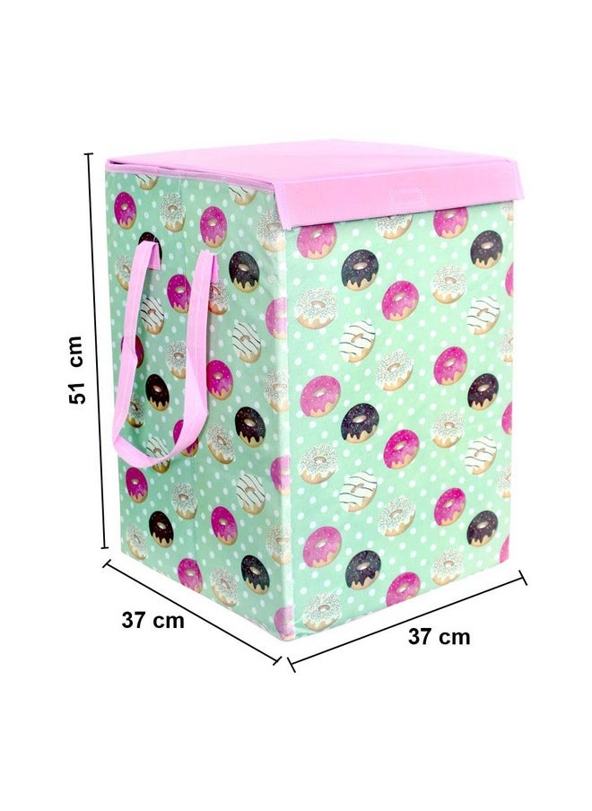 PrettyKrafts PrettyKrafts 75L Non Woven DoughNut Printed Square Foldable Large Laundry Bag/Basket With Lid & Handle, Freestanding Cloth Storage Organizer for Bedroom, Dorm (37x37x53cm, Pink, Set of 1)  - Image 4