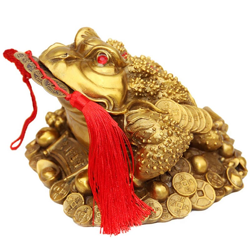 Briskfeel Brass Feng Shui Money Frog Three Legged Wealth Traditional Frog Money Toad Statue with Set of 5 Lucky Charm Ancient Coins on Red String Home Car Fengshui Decor (B1 Money Frog) - Image 1