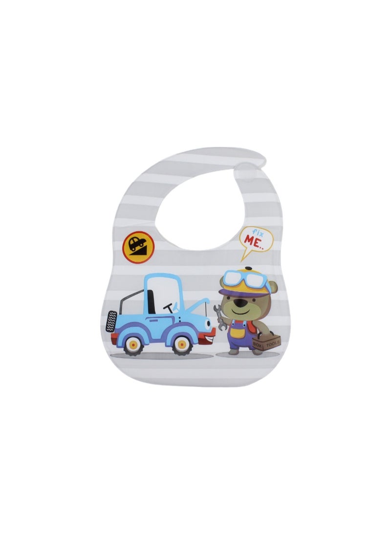 La Frutta PVC Baby Feeding Bib – White with Car & Bear Print