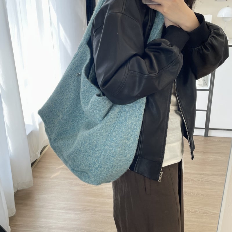 South Korea New Dongdaemun Silver Button Wool Shoulder Bag Leopard Print Solid Color All-Match Large Capacity Tote Bag Underarm - Image 2