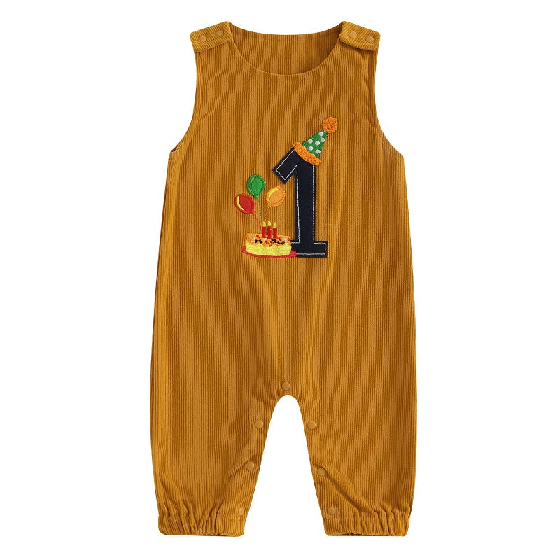 Lamuusaa Toddler Baby Boy Birthday Outfit Sleeveless One Embroidery Birthday Romper Corduroy Jumspuit Cake Smash Outfits (Light Brown, 12-18 Months) - Image 1