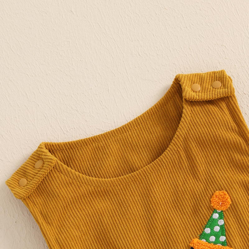 Lamuusaa Toddler Baby Boy Birthday Outfit Sleeveless One Embroidery Birthday Romper Corduroy Jumspuit Cake Smash Outfits (Light Brown, 12-18 Months) - Image 2