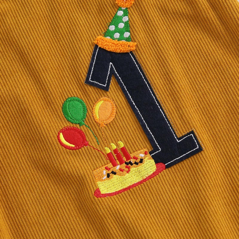 Lamuusaa Toddler Baby Boy Birthday Outfit Sleeveless One Embroidery Birthday Romper Corduroy Jumspuit Cake Smash Outfits (Light Brown, 12-18 Months) - Image 4