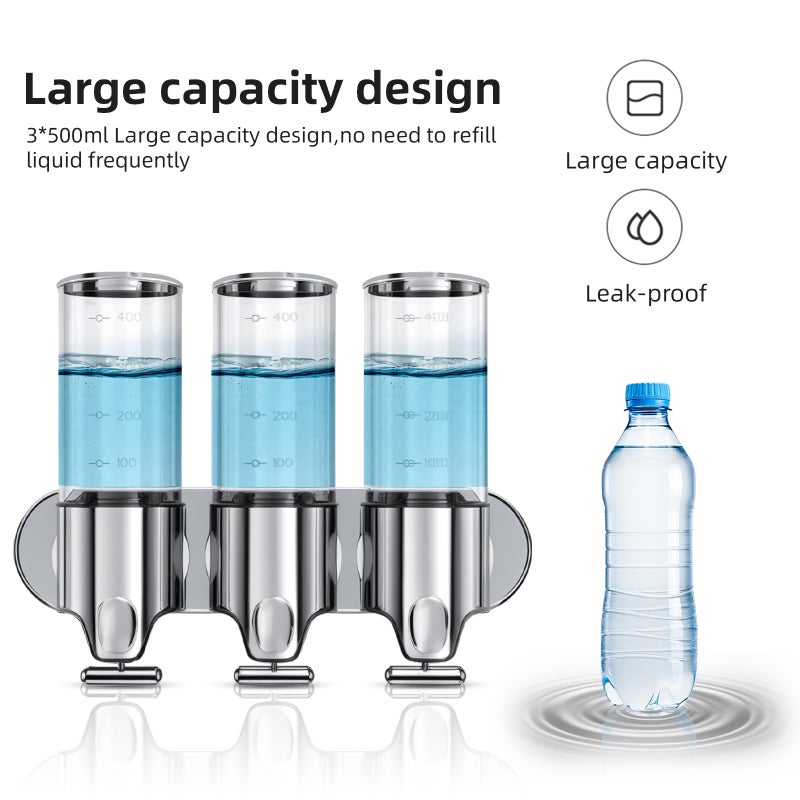 Shower Soap Dispenser: 3-Chamber 500ml Transparent Unit - 3-In-1 Versatile Design Wall-Mounted No-Drill Install Durable ABS & 304 Stainless Steel for Bathroom Kitchen - Image 2