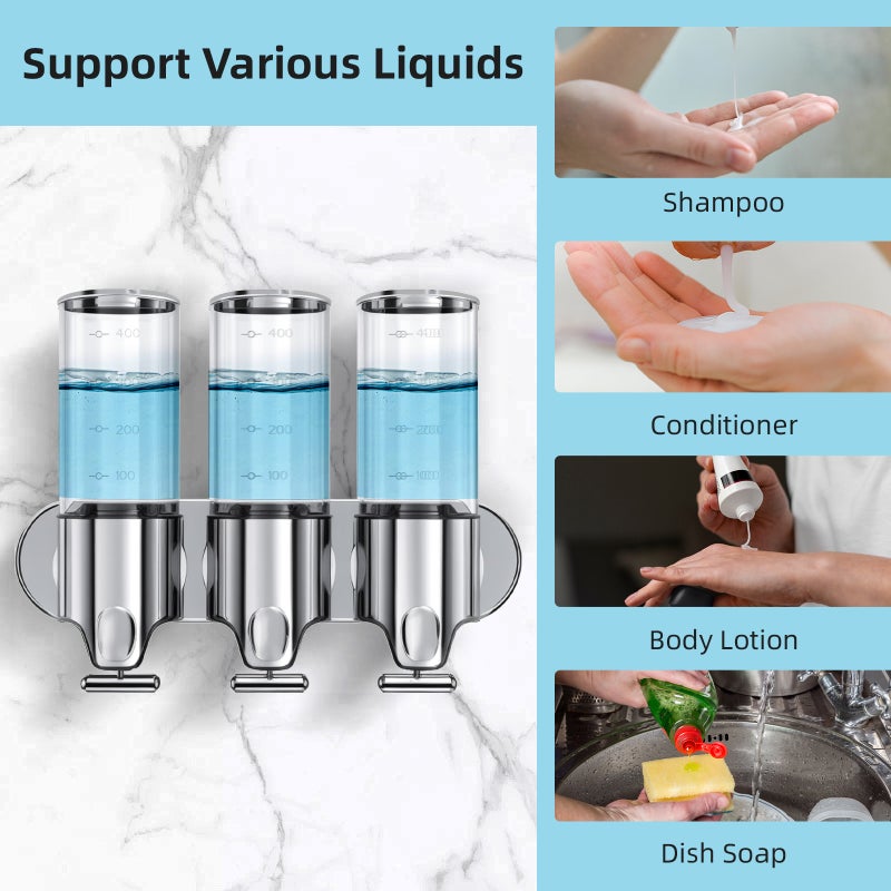 Shower Soap Dispenser: 3-Chamber 500ml Transparent Unit - 3-In-1 Versatile Design Wall-Mounted No-Drill Install Durable ABS & 304 Stainless Steel for Bathroom Kitchen - Image 3