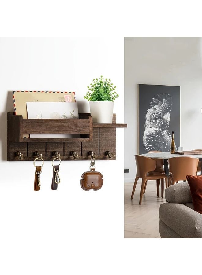 1pc Brown Rustic Wooden Wall Mounted Key Holder With Mail Organizer Tray - Image 1