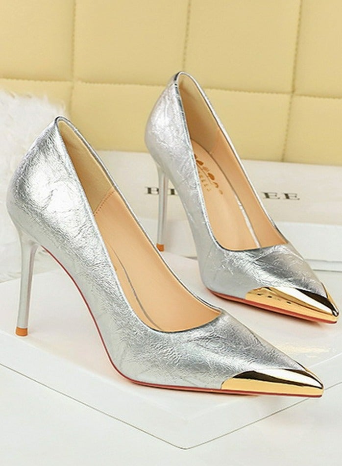 بيج تري مضخات الإصبع المغلقة للنساء الكعب العالي اليومي 9.5CM الفضة - Image 2