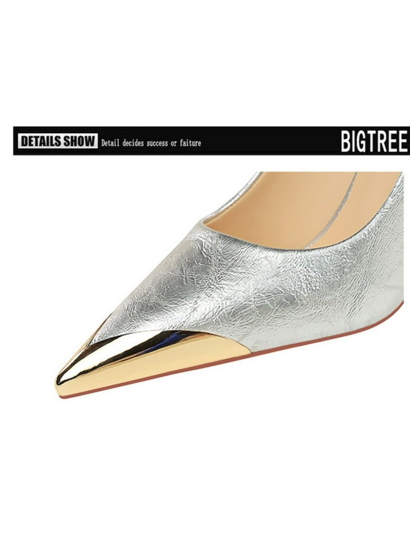 بيج تري مضخات الإصبع المغلقة للنساء الكعب العالي اليومي 9.5CM الفضة - Image 4