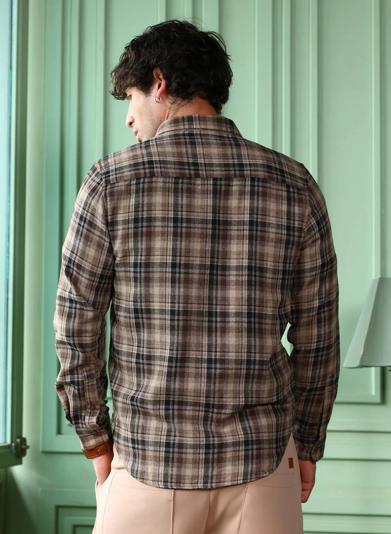 CAHOOT  Men's Coffee Brown Button-Down Gradient-Plaid Shirt for Men | Best Price UAE