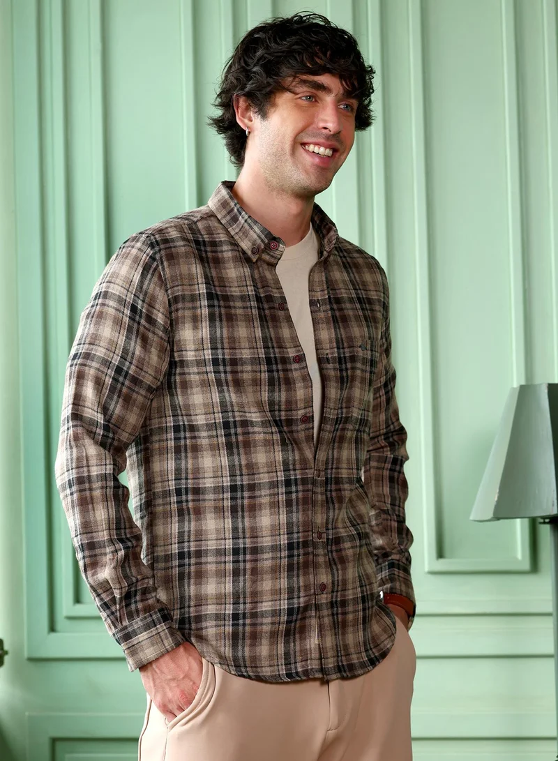 CAHOOT  Men's Coffee Brown Button-Down Gradient-Plaid Shirt for Men | Best Price UAE