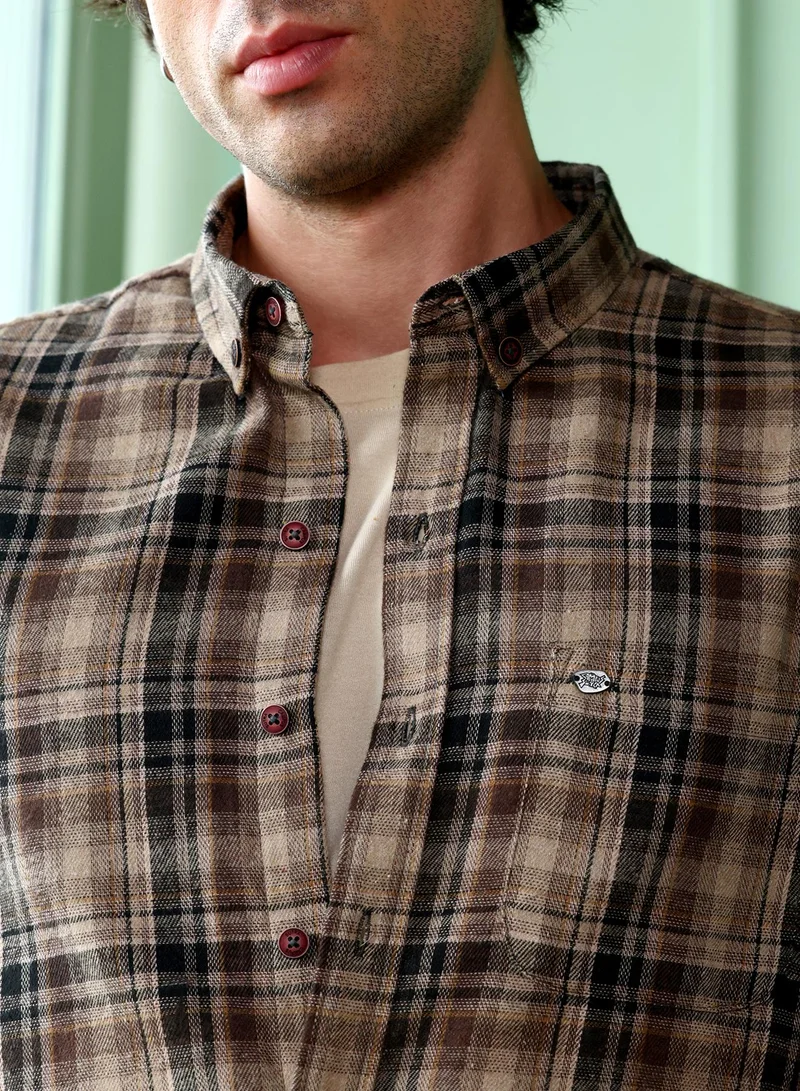 CAHOOT  Men's Coffee Brown Button-Down Gradient-Plaid Shirt for Men | Best Price UAE