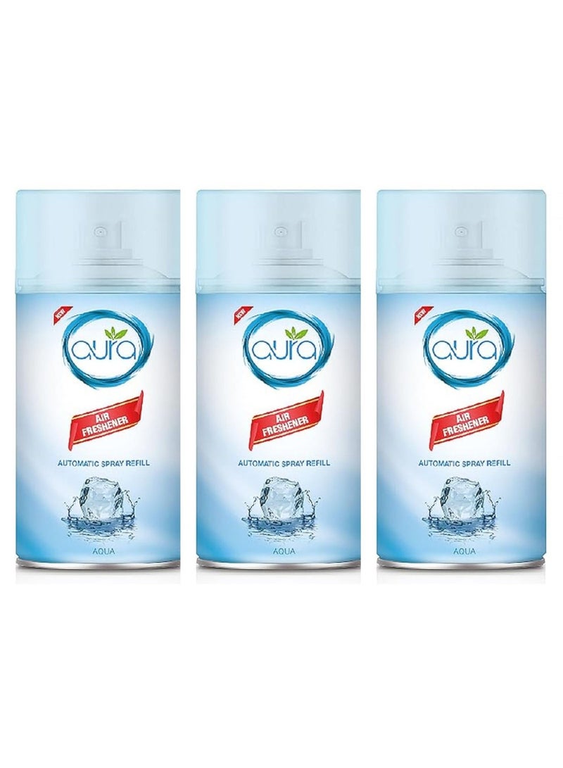 Aura Air Freshner Refill Automatic Spray-Aquatic Scent Fragrance- Pack of 3x 250ml long lasting fragrances Designed to mask and remove unpleasant odours and refresh the air-Easy to Use-Room Freshener Refill Spray-Air freshener for Dispensers-Air fresher refill spray for home,office,kitchen,bathroom - Image 1
