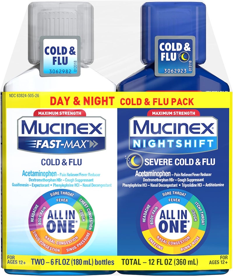 MUCINEX ماكسيموم سترينغث فاست ماكس كولد فلو ونايت شيفت ألين وان ملتي سيمبتم رليف سائل 6 أونصة سائلة عبوة 2 عدد 1 - Image 1