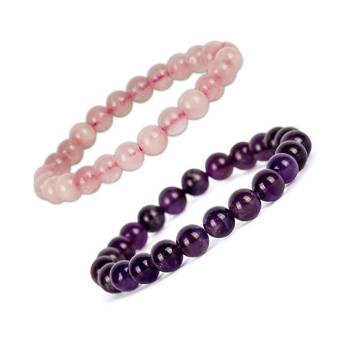 GEMSMANTRA Amethyst & Rose Quartz Combo Crystal Bracelet | Lab Certified 8mm Round Cut Beads | Unisex Healing Bracelet for Men & Women | Promotes Love, Emotional Healing & Serenity - Image 1
