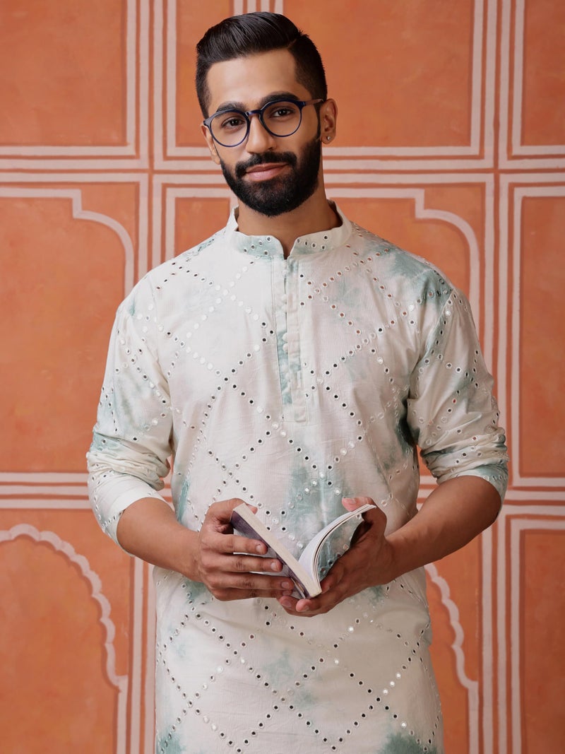 Vardha Men's Viscose Blend Tie-Dye Pattern & Mirror Embroidery | Full Sleeves Regular Fit Kurtas for Mens, Mint Green–White Men's Straight Long Kurta - Size S - Image 5