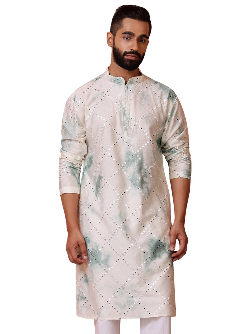 Vardha Men's Viscose Blend Tie-Dye Pattern & Mirror Embroidery | Full Sleeves Regular Fit Kurtas for Mens, Mint Green–White Men's Straight Long Kurta - Size S - Image 1