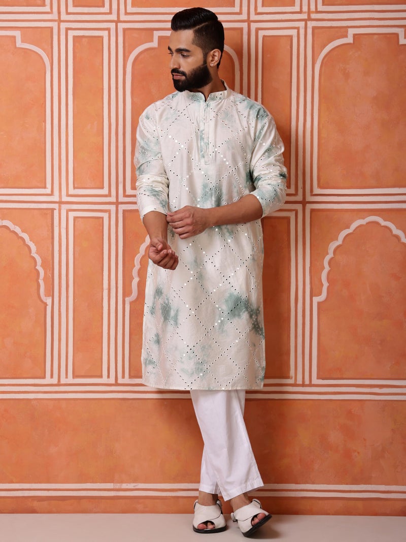 Vardha Men's Viscose Blend Tie-Dye Pattern & Mirror Embroidery | Full Sleeves Regular Fit Kurtas for Mens, Mint Green–White Men's Straight Long Kurta - Size S - Image 3