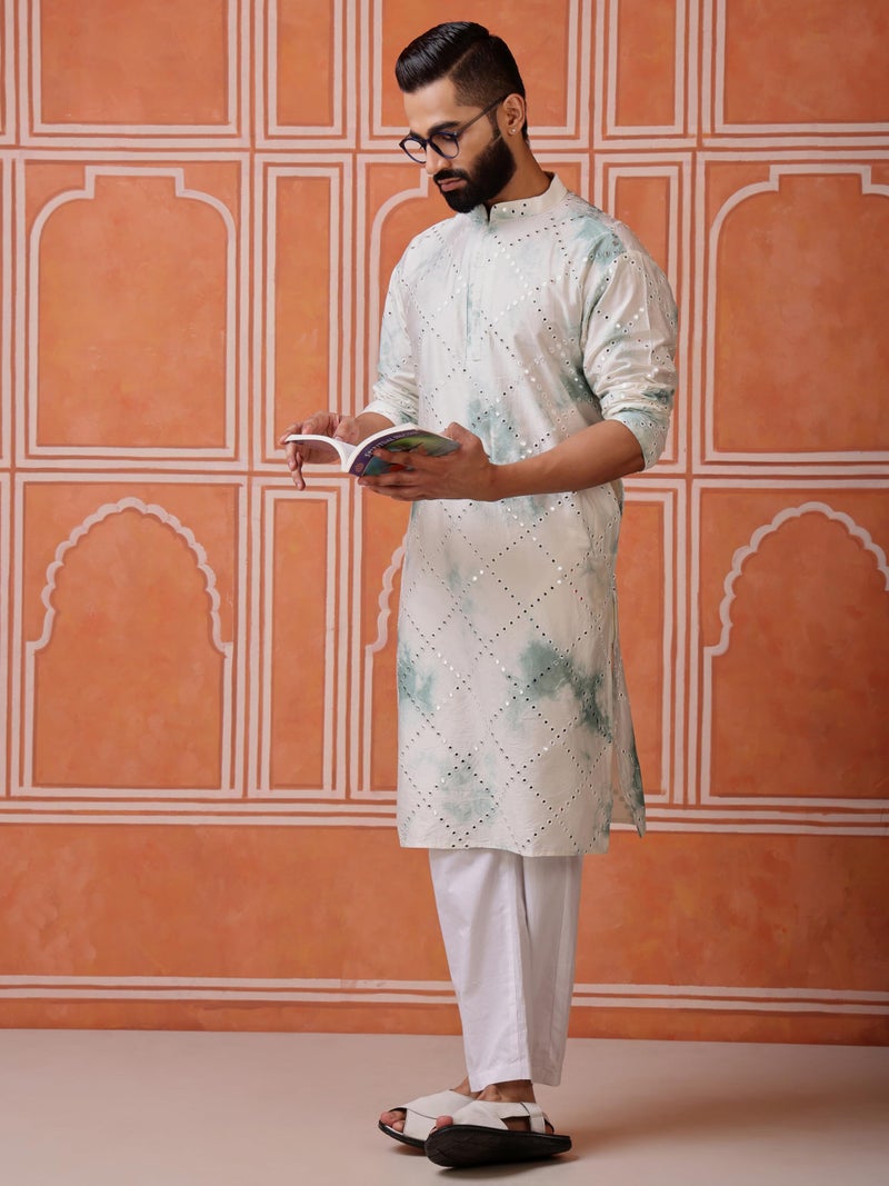 Vardha Men's Viscose Blend Tie-Dye Pattern & Mirror Embroidery | Full Sleeves Regular Fit Kurtas for Mens, Mint Green–White Men's Straight Long Kurta - Size S - Image 4