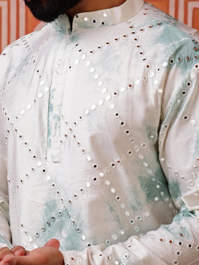 Vardha Men's Viscose Blend Tie-Dye Pattern & Mirror Embroidery | Full Sleeves Regular Fit Kurtas for Mens, Mint Green–White Men's Straight Long Kurta - Size S - Image 2