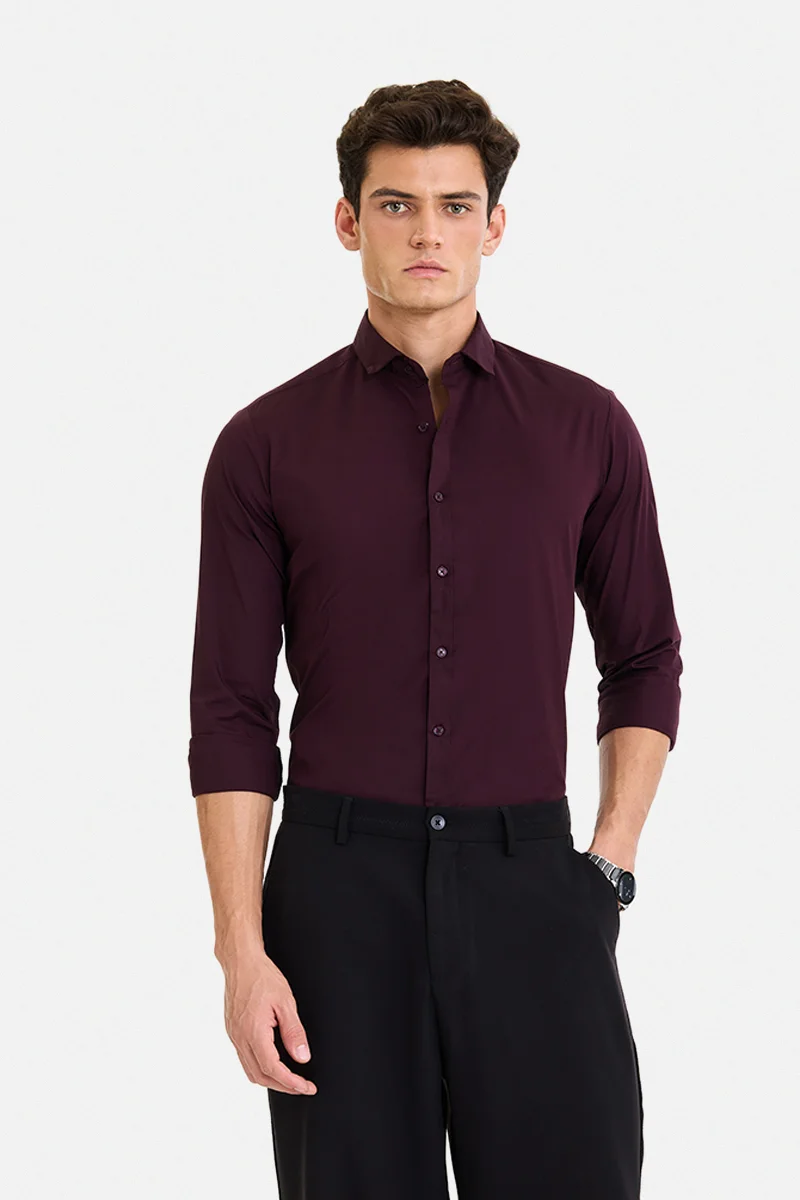 SNITCH Maroon Solid Long Sleeve Slim Fit Casual Shirt