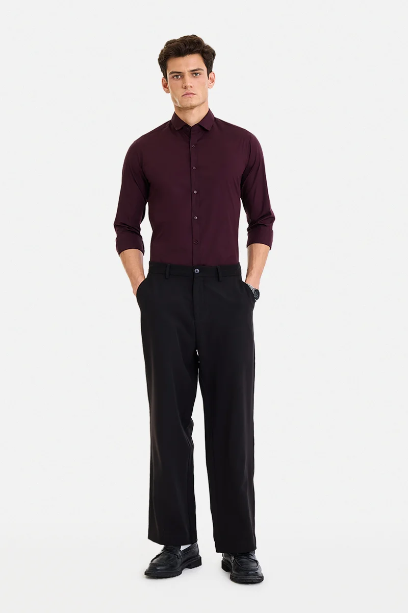 SNITCH Maroon Solid Long Sleeve Slim Fit Casual Shirt