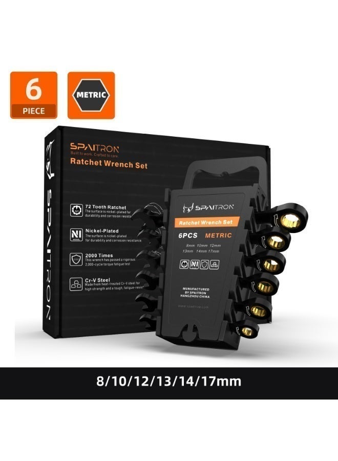 SPAITRON 6 pcs Ratchet Wrench Spanner Set, 8-17mm Metric, 72-Teeth, Cr-V Black Matte, Heavy Duty, Plastic Rack, Auto Car Home Repair Hand Tools, Ideal Gift。 - Image 1