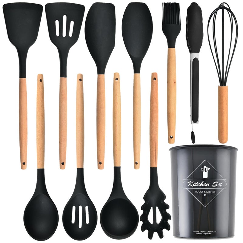 Keidason Kitchen Utensils SetKitchen Cooking Utensils SetSpoonSpatula446 Heat Resistant 12pcs Nonstick Food Grade Silicone and Wooden HandlesKitchen Tools SetBlack