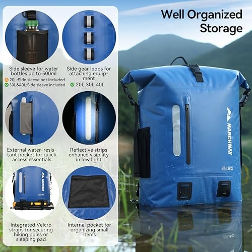 MARCHWAY Roll Top Waterproof Backpack Floating Dry Bag 20L30L45L with Ergonomic Rectangular Base Cushioned Back Hip Strap for Hiking Camping Kayaking Travel Blue 20L - Image 3