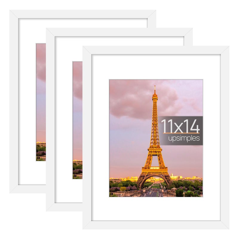 upsimples 11x14 Picture Frame Set of 3 Made of High Definition Glass for 8x10 with Mat or 11x14 Without Mat Wall and Tabletop Display Photo Frames White