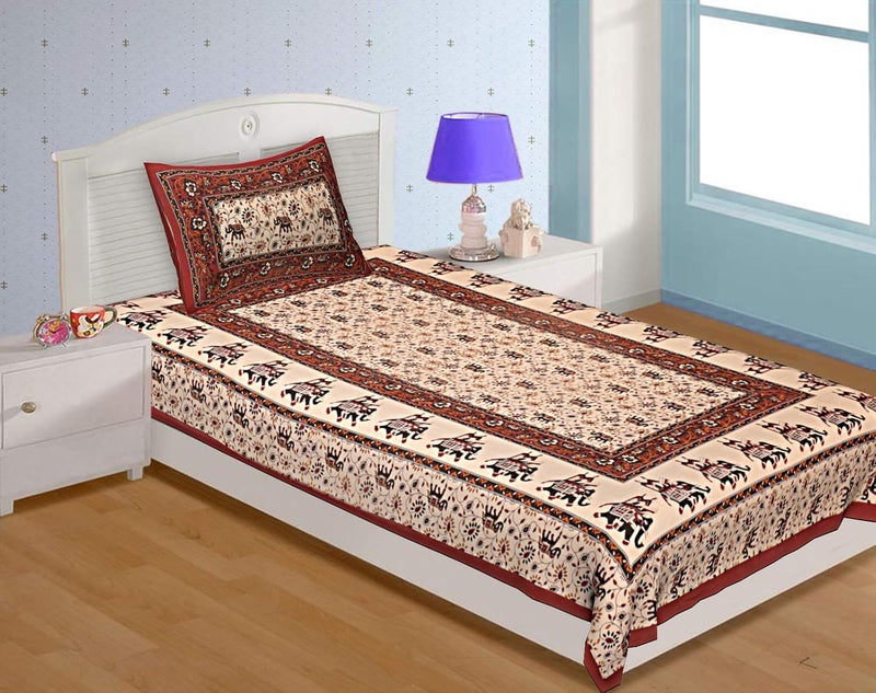 Ealth Kart 144 TC Cotton Jaipuri Printed Single Bed Sheet with Pillow Cover Mahroon Single - Image 1