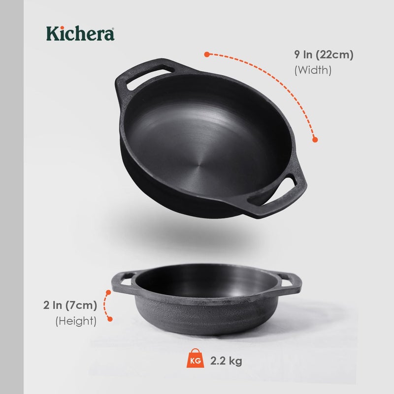 Kichera Pre Seasoned Cast Iron Grilling Wok With 2 Loop Handles 9 Inch Smooth Flat Base Deep Kadai Kadhai 2Ltr 22Kg 22Cm Gas Induction Friendly Black - Image 3
