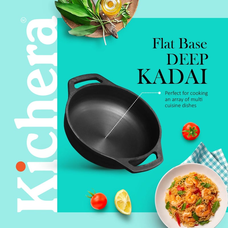 Kichera Pre Seasoned Cast Iron Grilling Wok With 2 Loop Handles 9 Inch Smooth Flat Base Deep Kadai Kadhai 2Ltr 22Kg 22Cm Gas Induction Friendly Black - Image 4