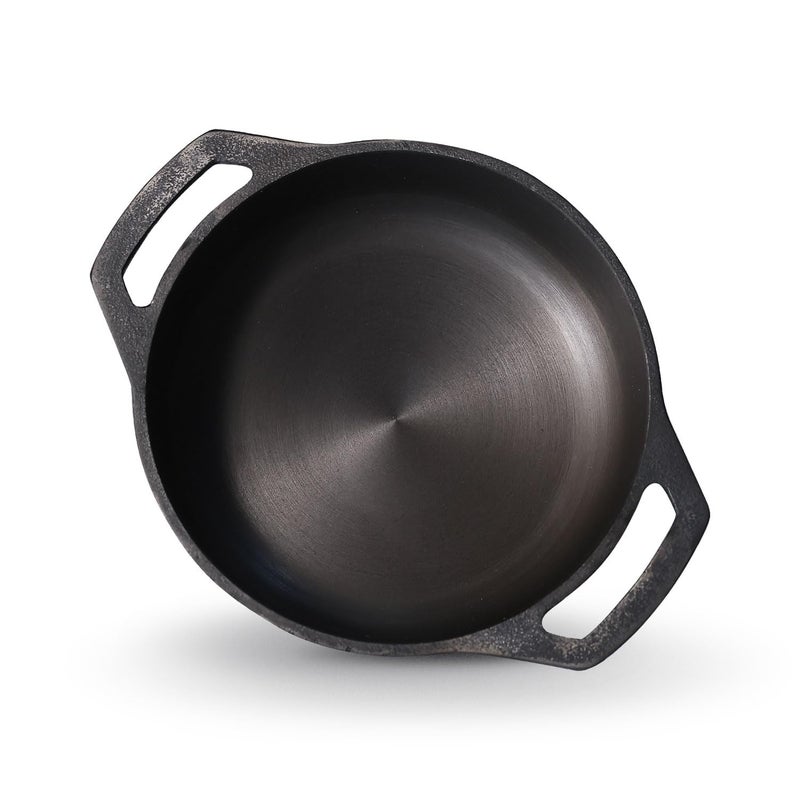Kichera Pre Seasoned Cast Iron Grilling Wok With 2 Loop Handles 9 Inch Smooth Flat Base Deep Kadai Kadhai 2Ltr 22Kg 22Cm Gas Induction Friendly Black - Image 1