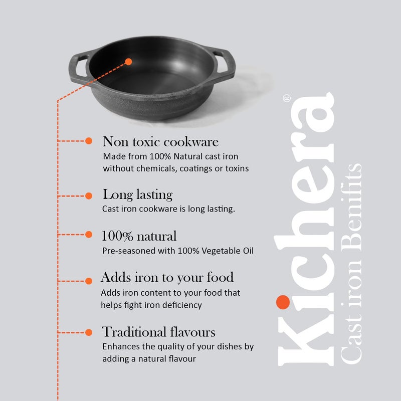 Kichera Pre Seasoned Cast Iron Grilling Wok With 2 Loop Handles 9 Inch Smooth Flat Base Deep Kadai Kadhai 2Ltr 22Kg 22Cm Gas Induction Friendly Black - Image 5