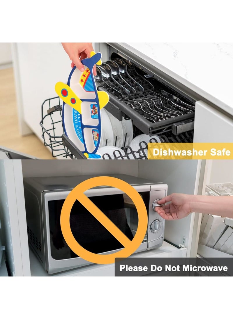 سيوسي Toddler Dinnerware Set, Bamboo Fiber Divided Plate with Fork and Spoon, BPA-Free Baby Feeding Utensils for Boys, Kids Mealtime Essentials, Airplane Themed (3-Piece Set, Blue/White) - Image 4