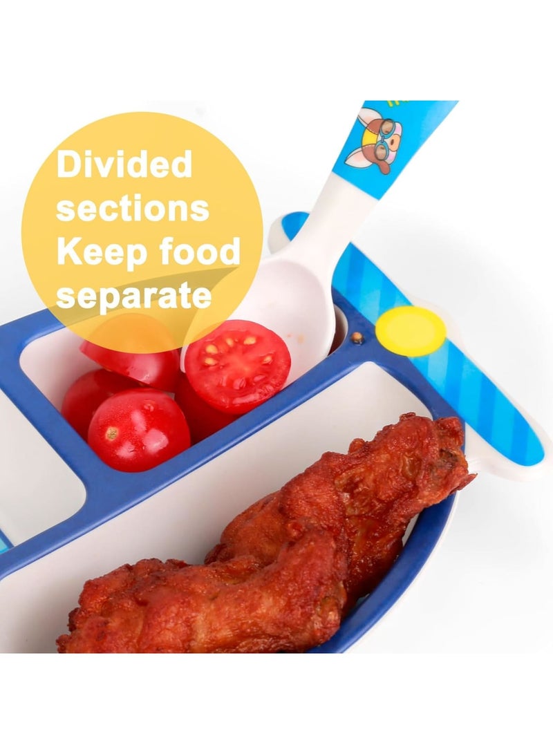 سيوسي Toddler Dinnerware Set, Bamboo Fiber Divided Plate with Fork and Spoon, BPA-Free Baby Feeding Utensils for Boys, Kids Mealtime Essentials, Airplane Themed (3-Piece Set, Blue/White) - Image 3