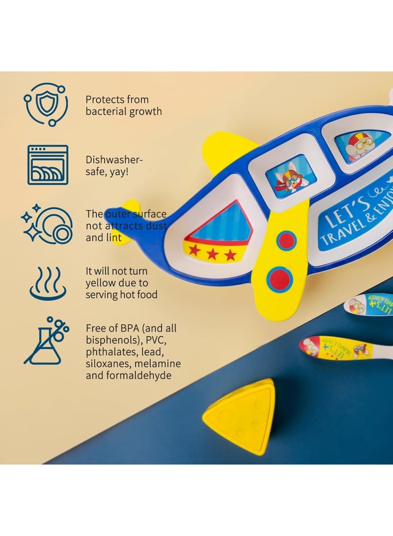 سيوسي Toddler Dinnerware Set, Bamboo Fiber Divided Plate with Fork and Spoon, BPA-Free Baby Feeding Utensils for Boys, Kids Mealtime Essentials, Airplane Themed (3-Piece Set, Blue/White) - Image 2